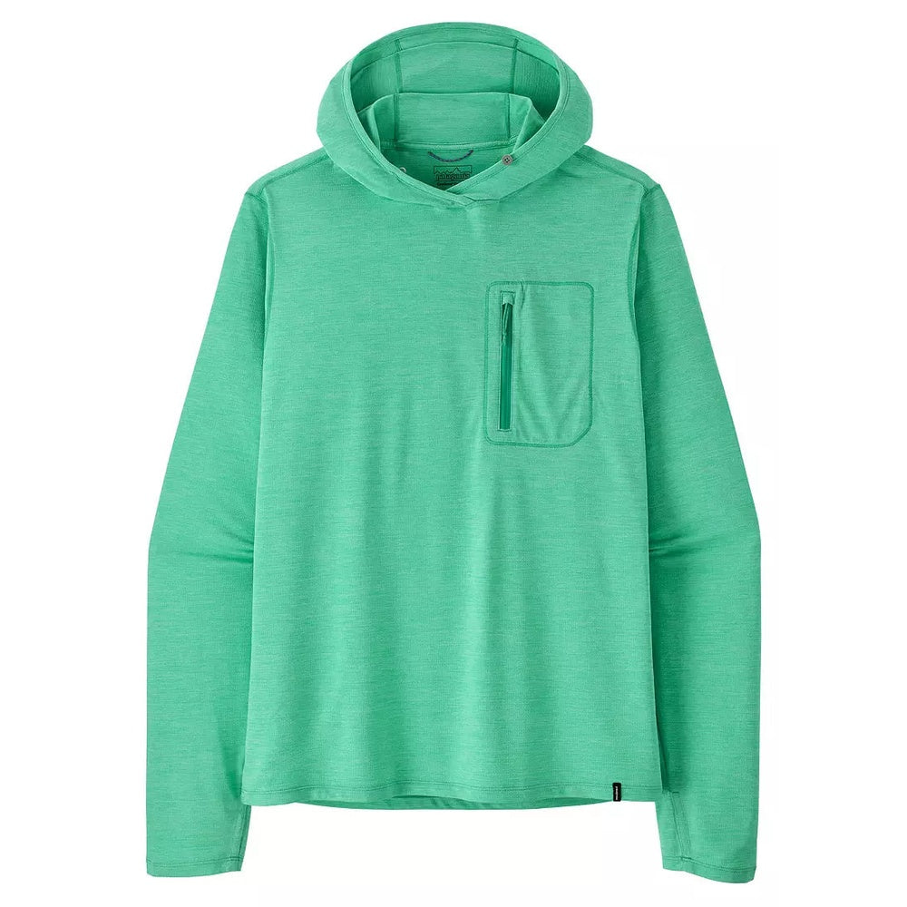 Patagonia men's green hooded pullover with chest pocket on white background