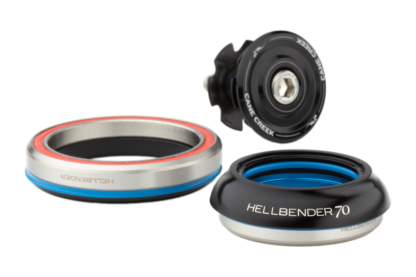Cane Creek Hellbender 70 headset components with black cups and blue seals