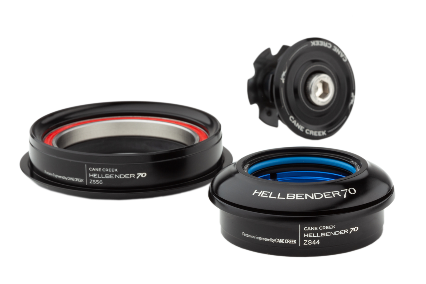 Cane Creek Hellbender 70 headset components in black with colored seals