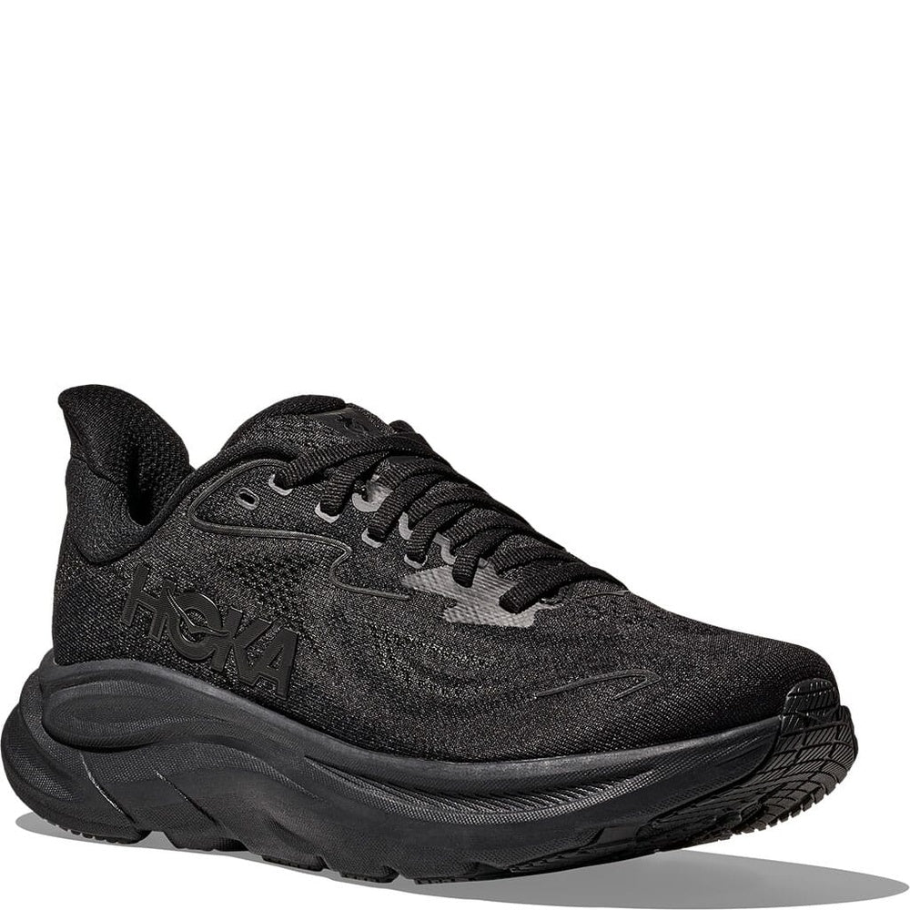 Hoka Clifton 10 Women's running shoe in all-black colorway, front three-quarter view