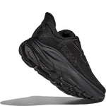 Hoka Clifton 10 Women's black shoe angled view showcasing midsole cushioning and knit upper texture