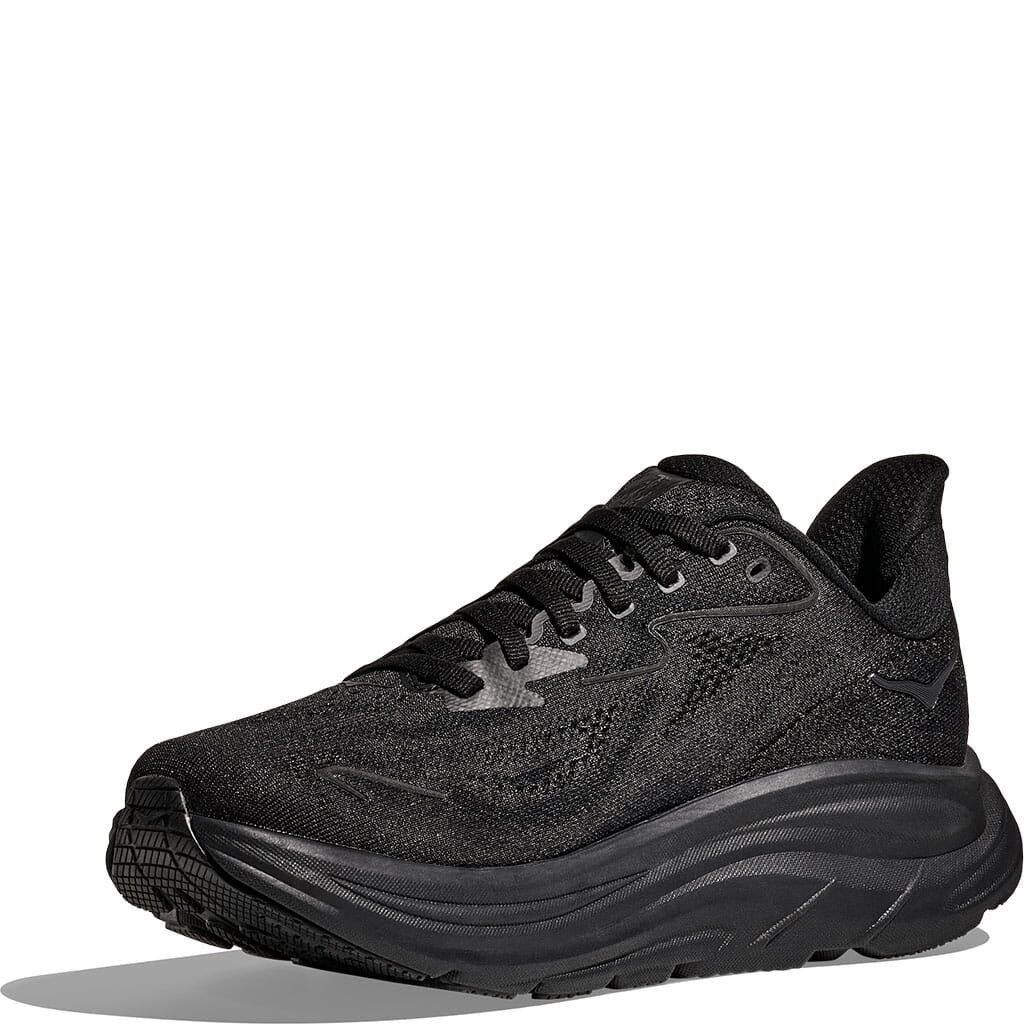 Hoka Clifton 10 Women's black running shoe front three-quarter view highlighting knit upper and cushioned sole