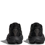 Hoka Clifton 10 Women's black shoes rear heel view showing CLIFTON branding on heel counter