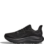 Hoka Clifton 10 Women's running shoe in black, medial side profile view on white background