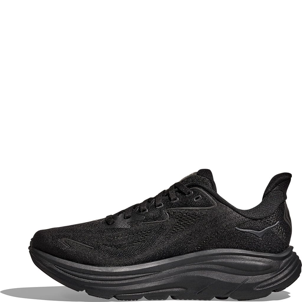 Hoka Clifton 10 Women's running shoe in black, medial side profile view on white background