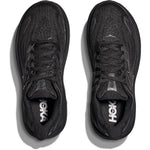 Hoka Clifton 10 Women's black running shoes top-down overhead view showing both shoes with HOKA insole