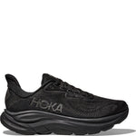 Hoka Clifton 10 Women's black running shoe lateral side view with HOKA logo prominently displayed