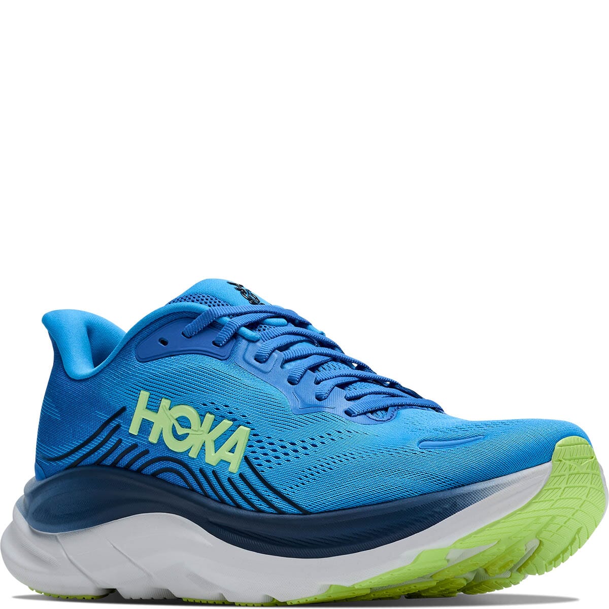 Hoka Clifton 11 running shoe in Virtual Blue and Soft Cobalt, front angle view