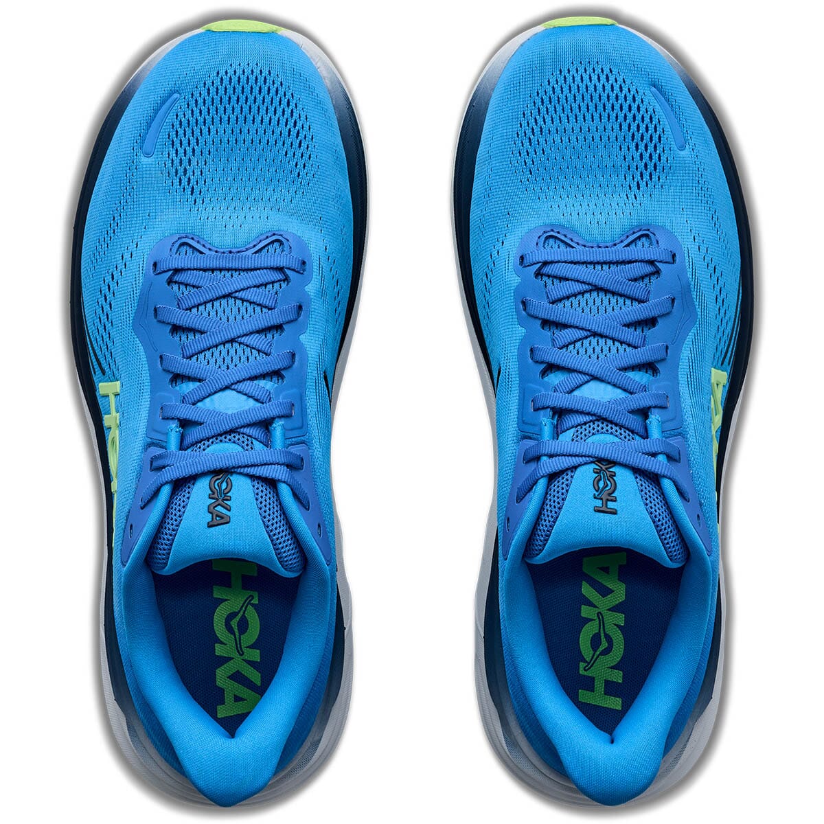 Top-down view of Hoka Clifton 11 pair showing blue mesh upper and HOKA branded insoles