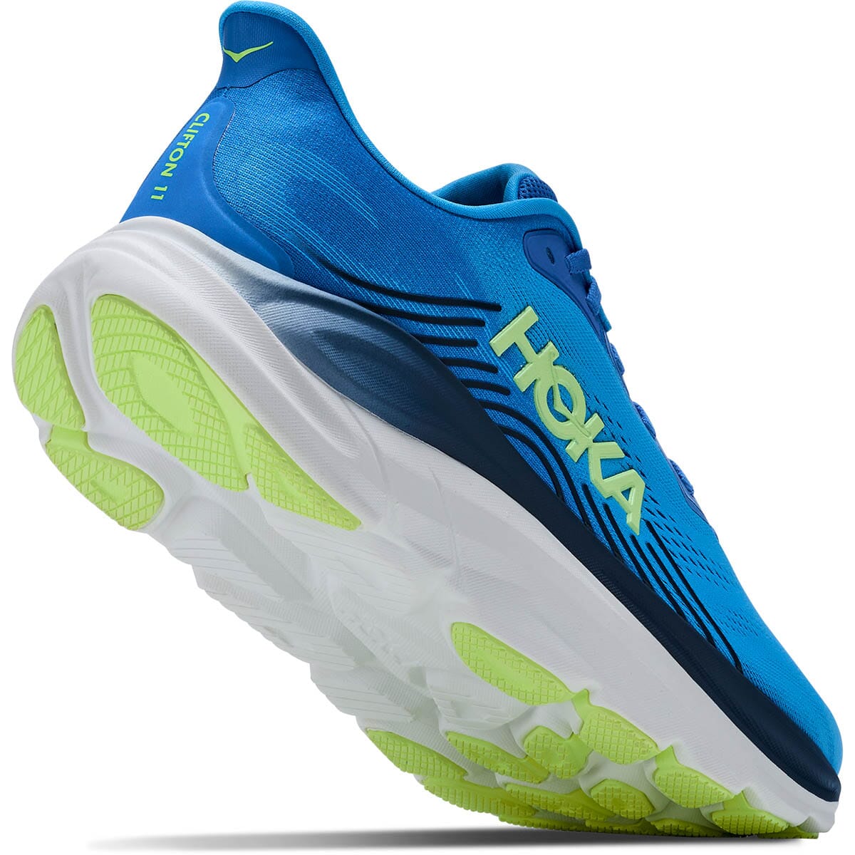 Hoka Clifton 11 angled rear view showing CLIFTON 11 branding and lime green outsole detail