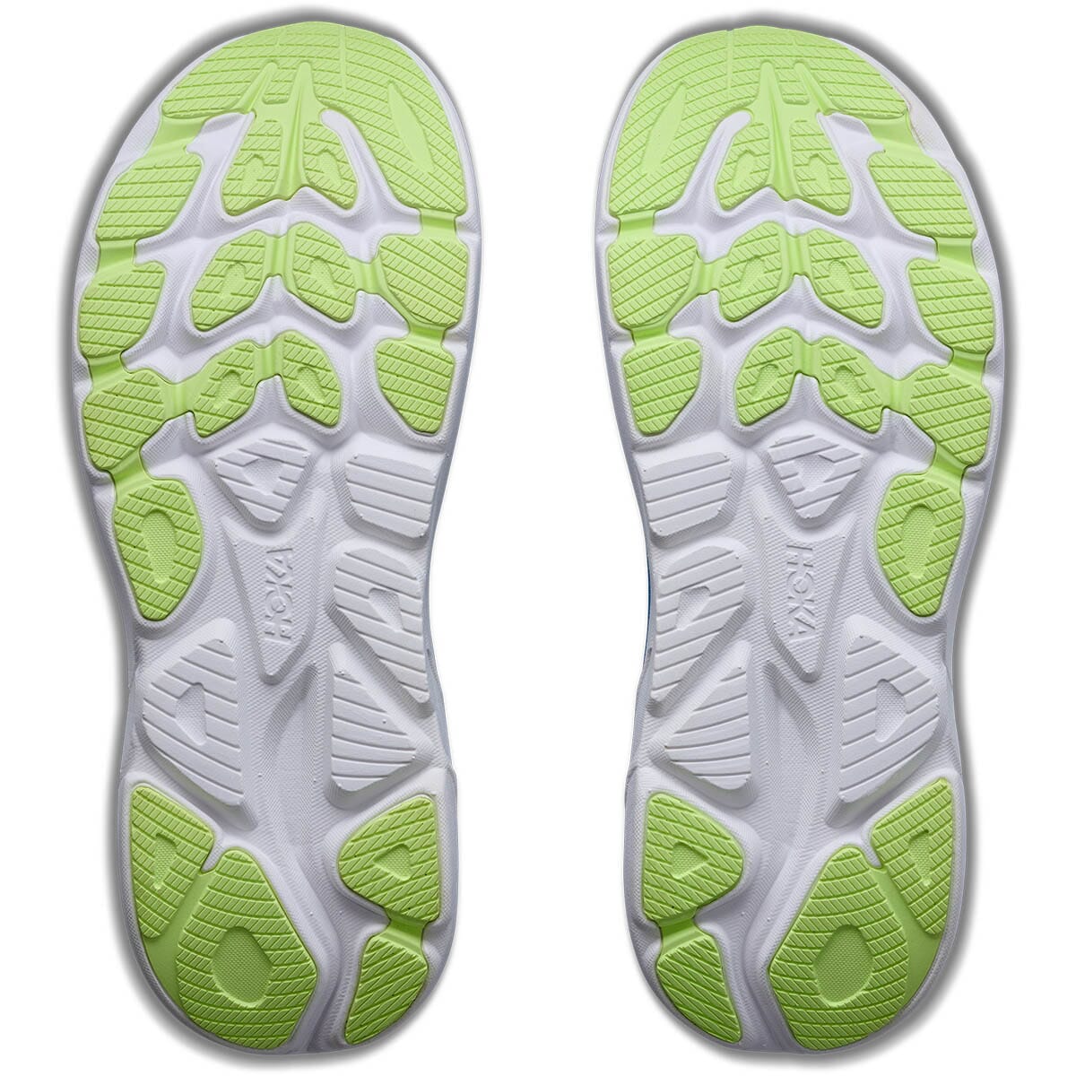 Bottom sole view of Hoka Clifton 11 pair showing lime green rubber outsole pattern