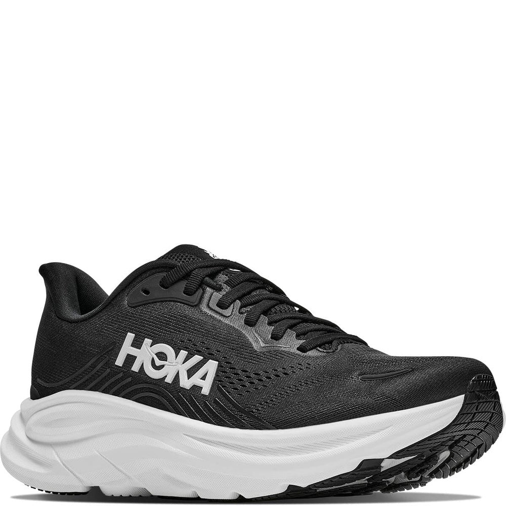 Hoka Clifton 11 running shoe in black with white midsole, front angle view