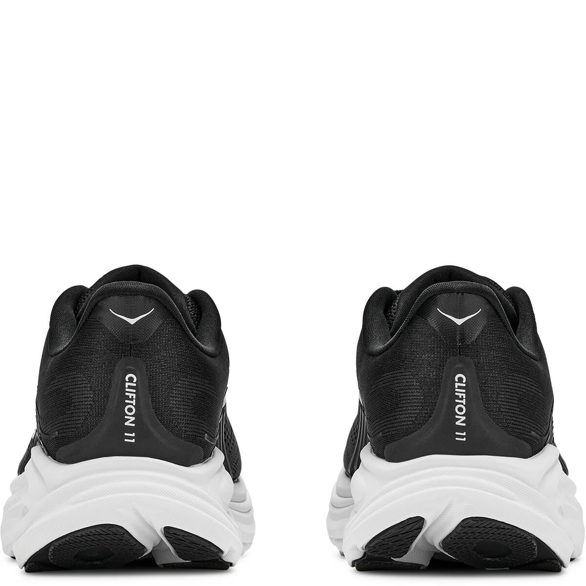 Hoka Clifton 11 running shoes rear view showing Clifton 11 text on black heel counter