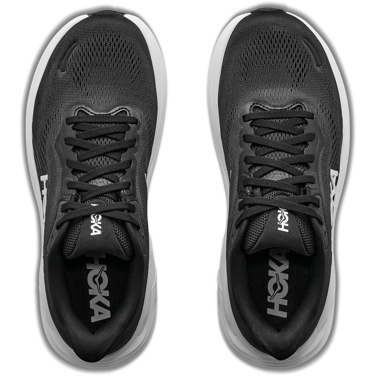 Hoka Clifton 11 running shoes top-down view showing black mesh upper and HOKA insole branding