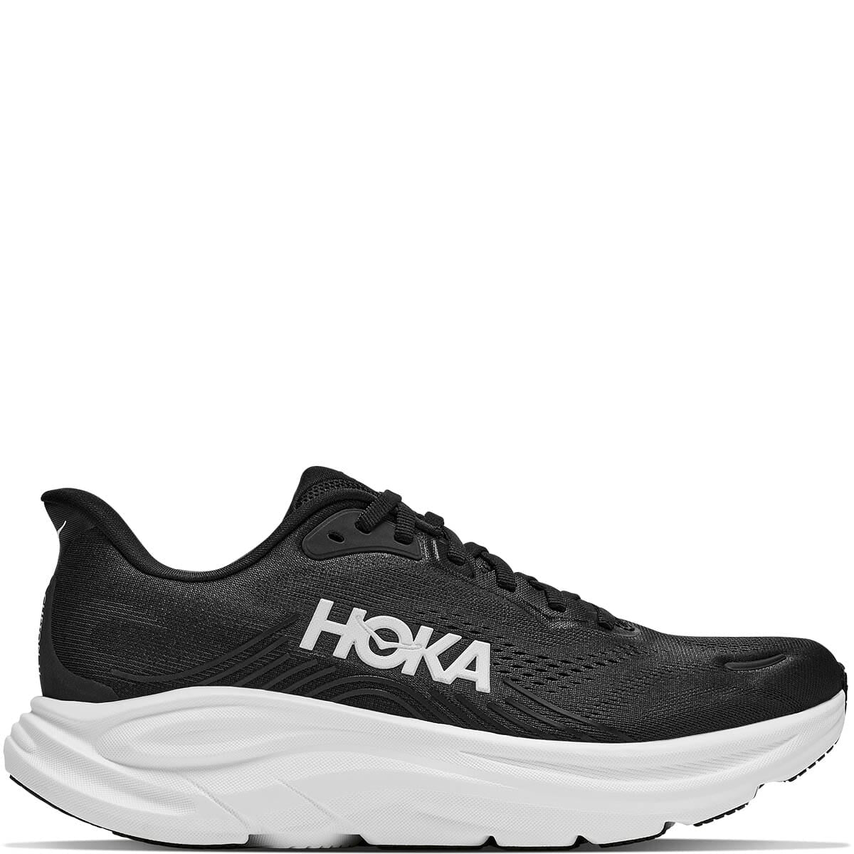 Hoka Clifton 11 running shoe lateral side view with HOKA branding in black and white