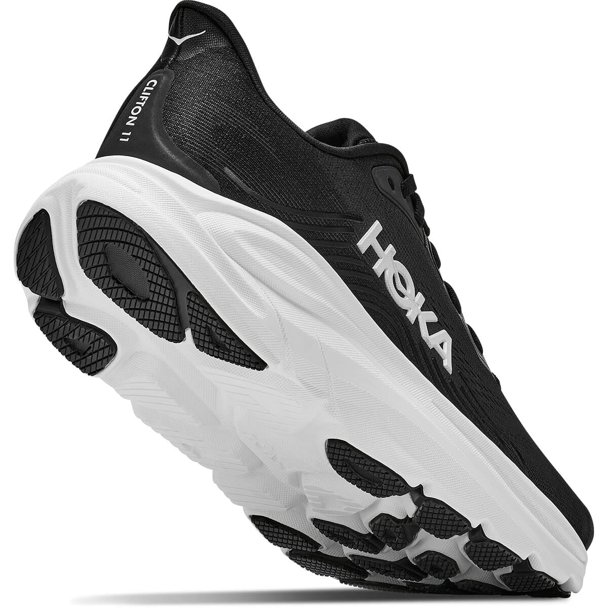Hoka Clifton 11 running shoe angled view showing outsole and heel with Clifton 11 text
