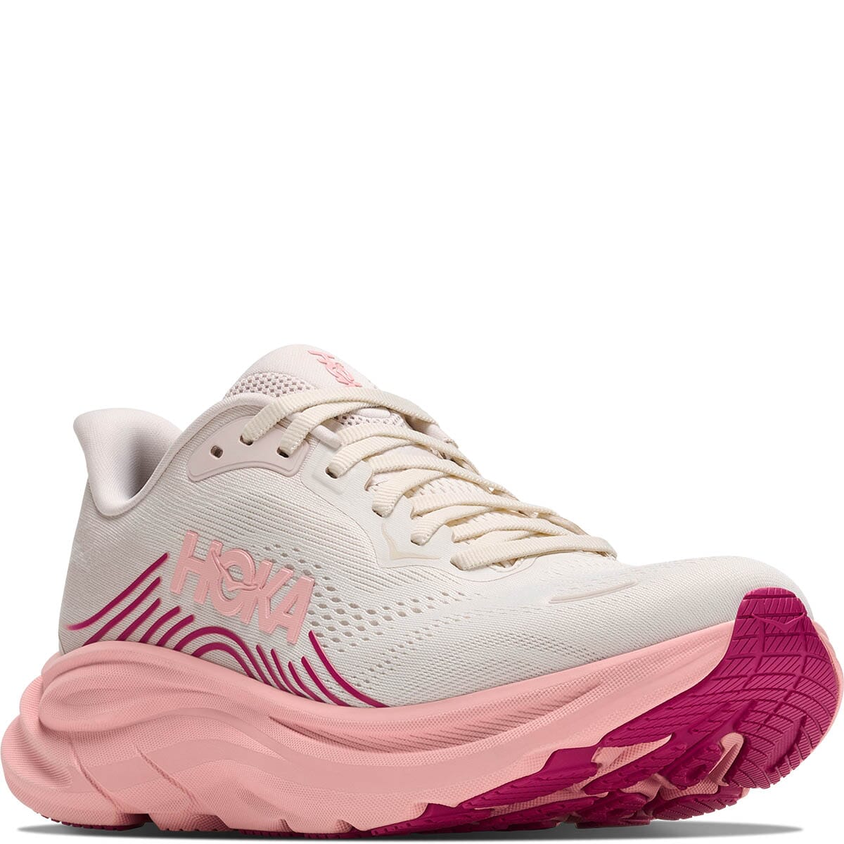 Hoka Clifton 11 women's running shoe in Rose Cream and Dewy Pink, front angle view