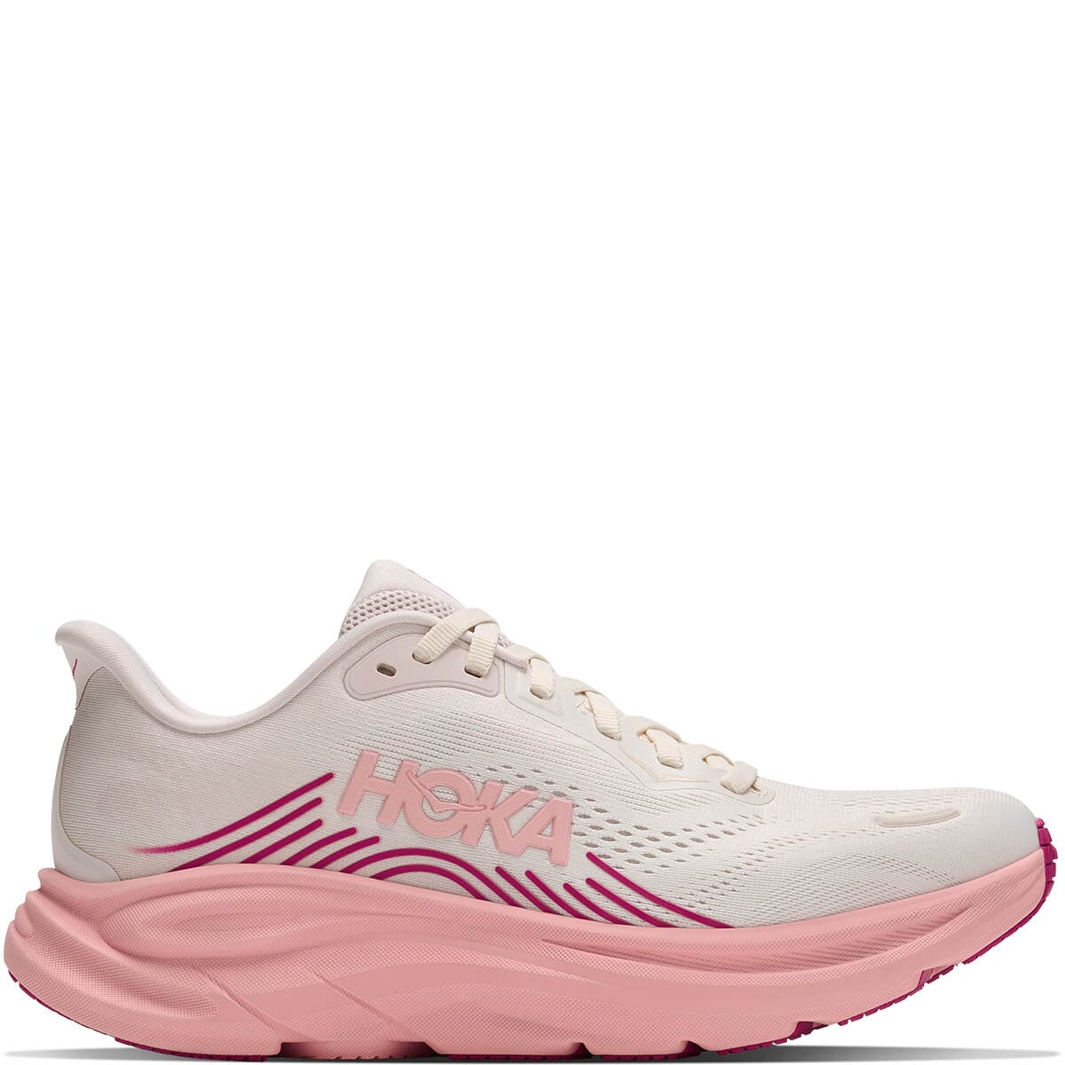 Hoka Clifton 11 women's running shoe lateral side view in Rose Cream and Dewy Pink colorway