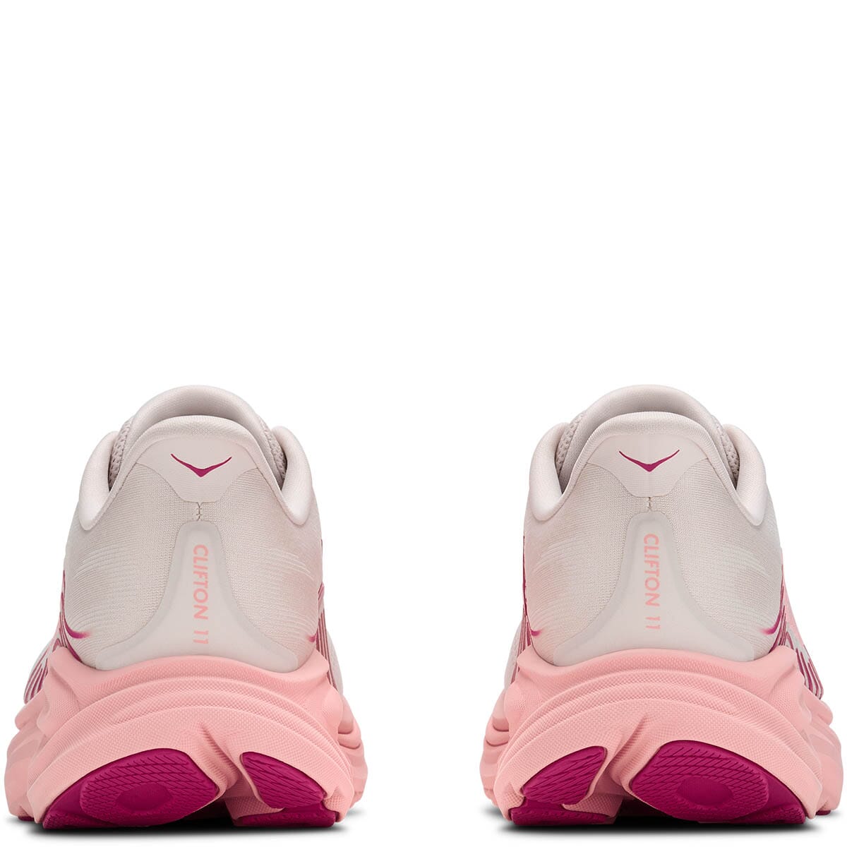 Hoka Clifton 11 women's running shoes rear view showing heel counter and pink midsole, pair