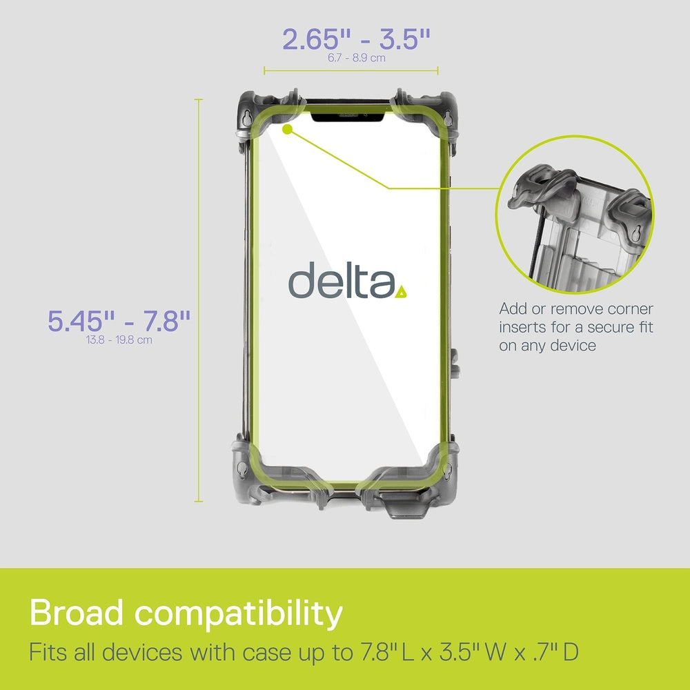 Delta phone holder with adjustable corners showing device compatibility dimensions