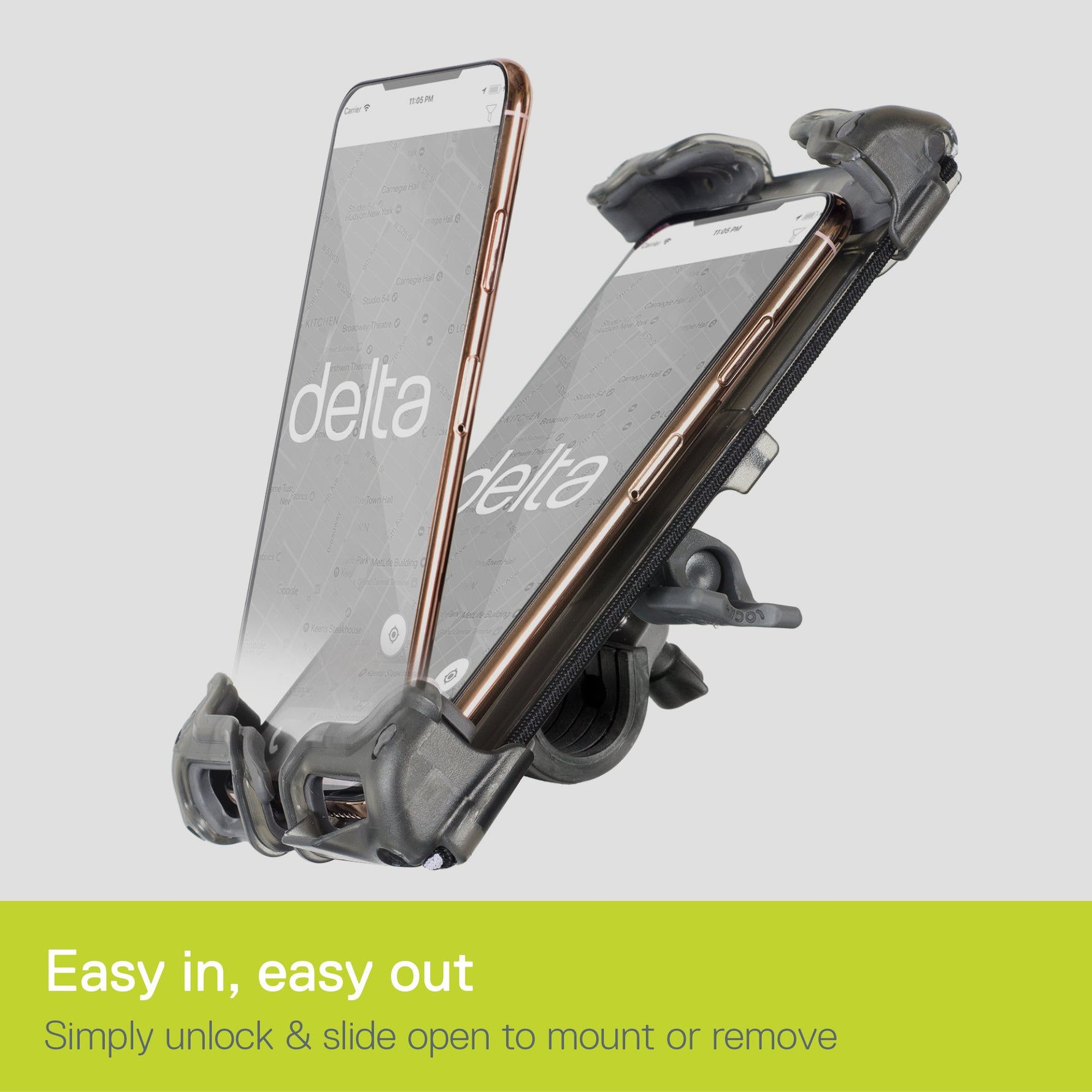 Delta bike phone mount holding two smartphones with adjustable grip mechanism