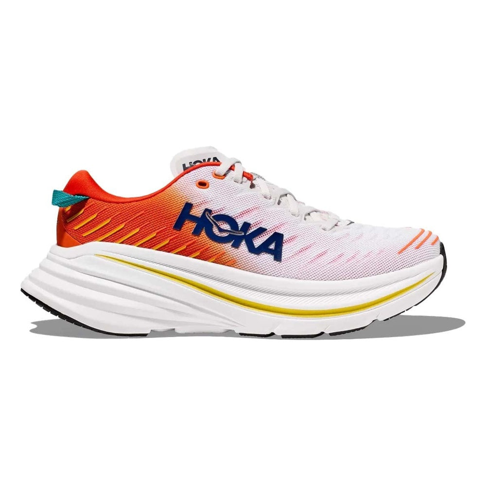 HOKA Bondi X men's running shoe in white with orange flame gradient