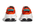 Hoka Bondi X running shoes rear view showing orange upper and white chunky sole
