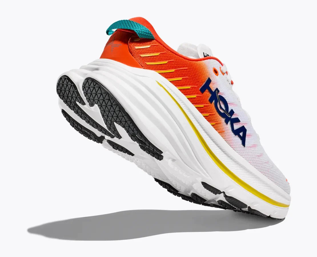 HOKA Bondi X running shoe in white with orange flame gradient colorway