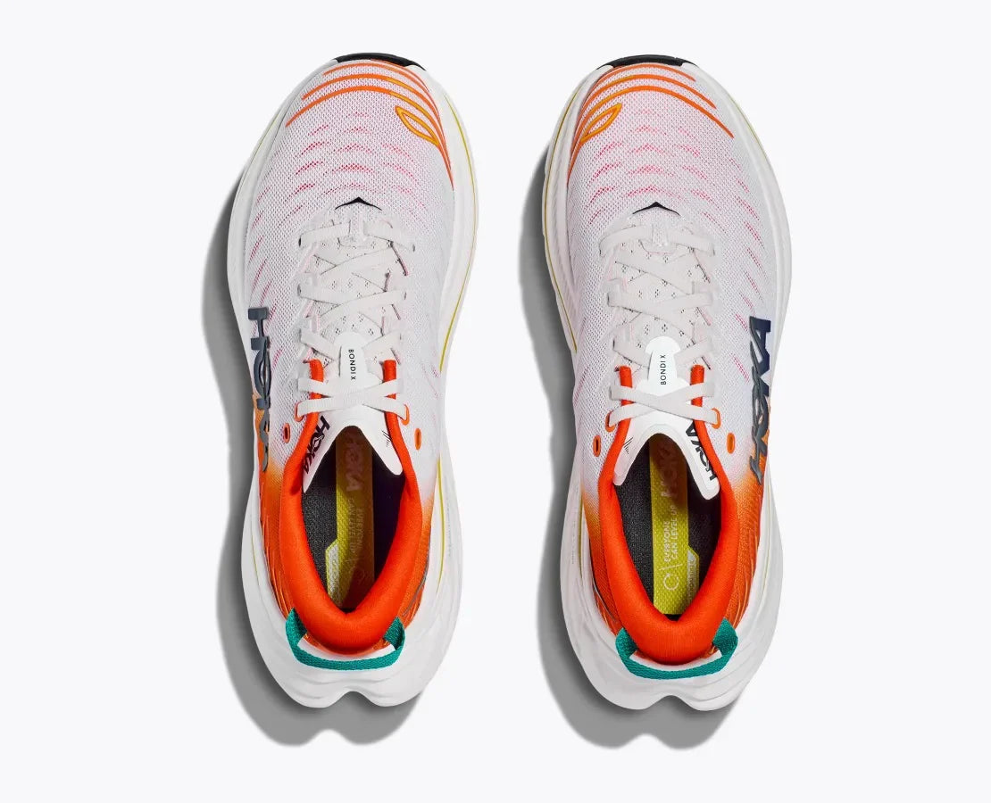 Hoka Bondi X running shoes in white with orange flame accents, top view