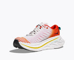 Hoka Bondi X running shoe in white with orange flame gradient and yellow accents