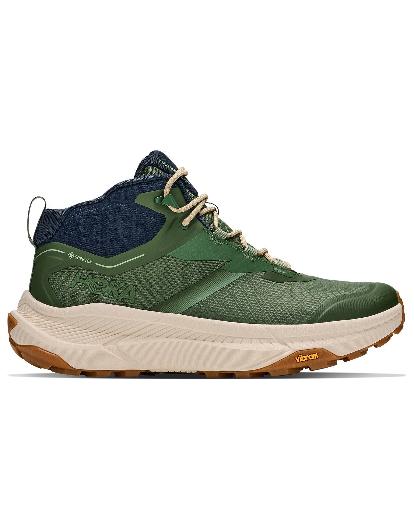 HOKA Transport Hike GTX mid-top hiking boot in Nettle Leaf green with Alabaster midsole