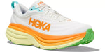 HOKA Bondi 8 men's running shoe in white with orange accents