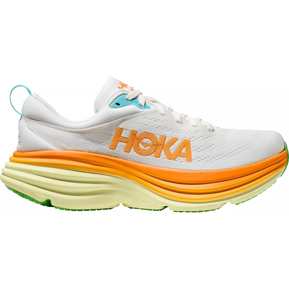 HOKA Bondi 8 men's running shoe in white with orange branding and gradient midsole
