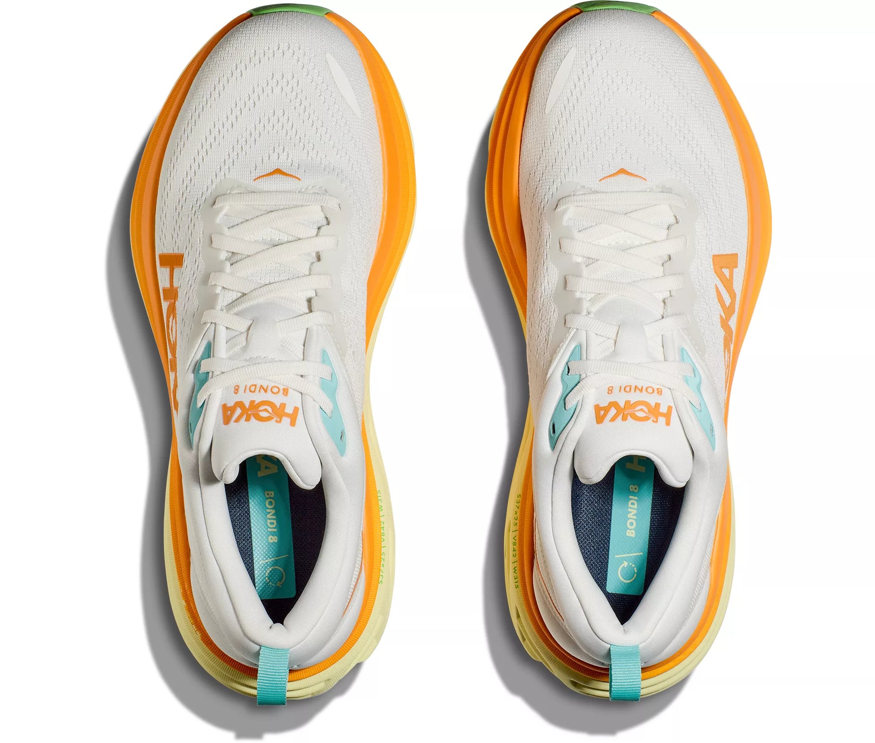 Hoka Bondi 8 men's running shoes in white with orange sole and teal accents