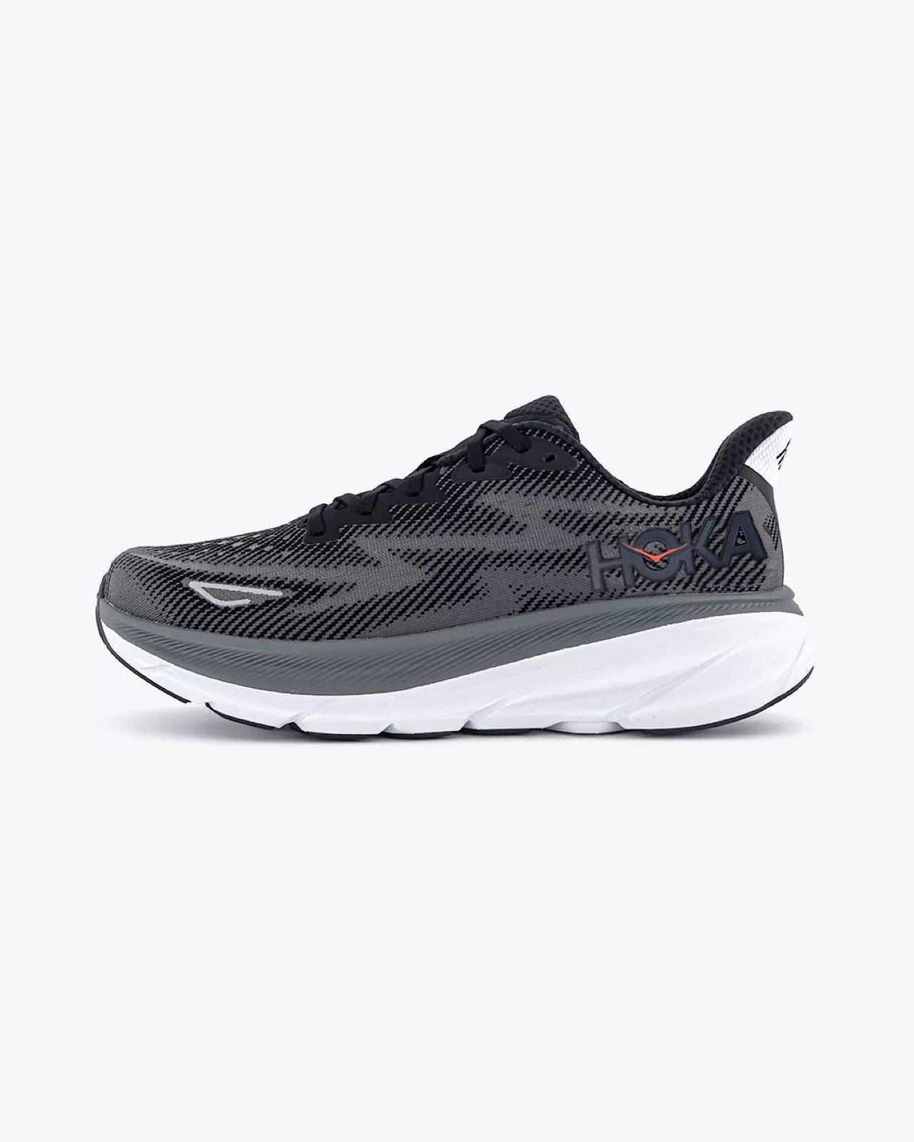 Hoka Clifton 9 men's running shoe in black and gray colorway