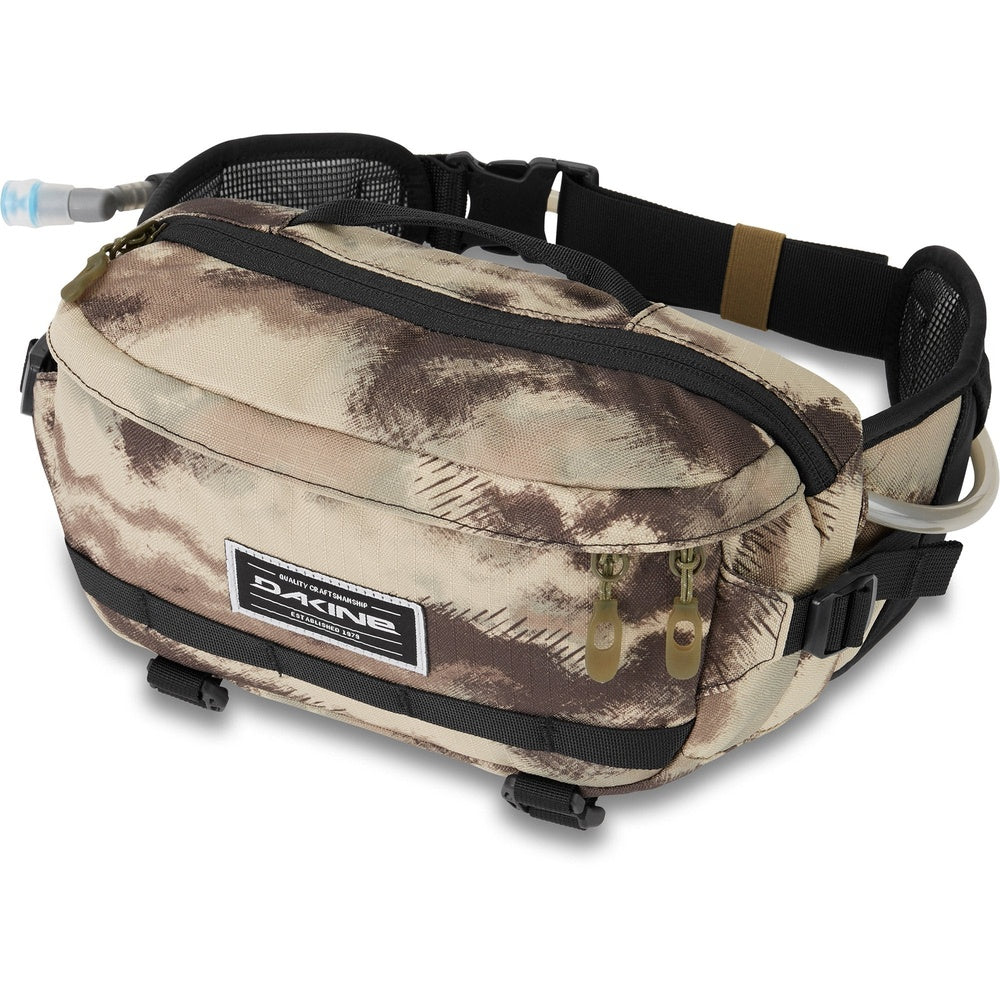 Dakine Hot Laps 5L waist pack in ashcroft camo pattern with hydration tube