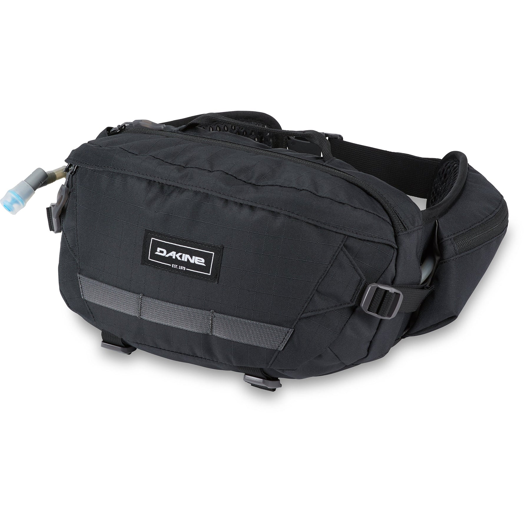 Black Dakine Hot Laps 5L fanny pack with hydration tube and waist belt