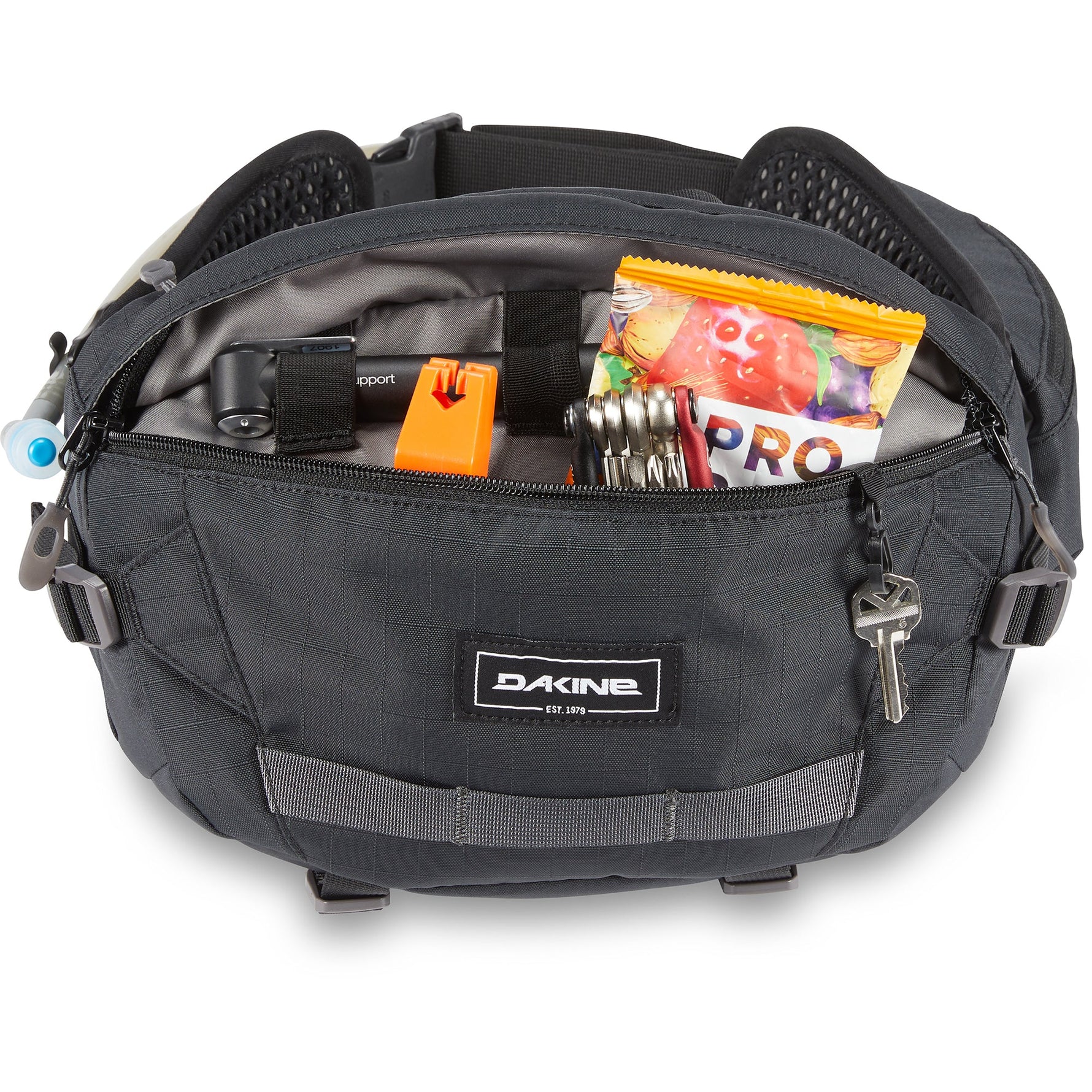 Black Dakine Hot Laps 5L fanny pack with contents displayed in open compartment
