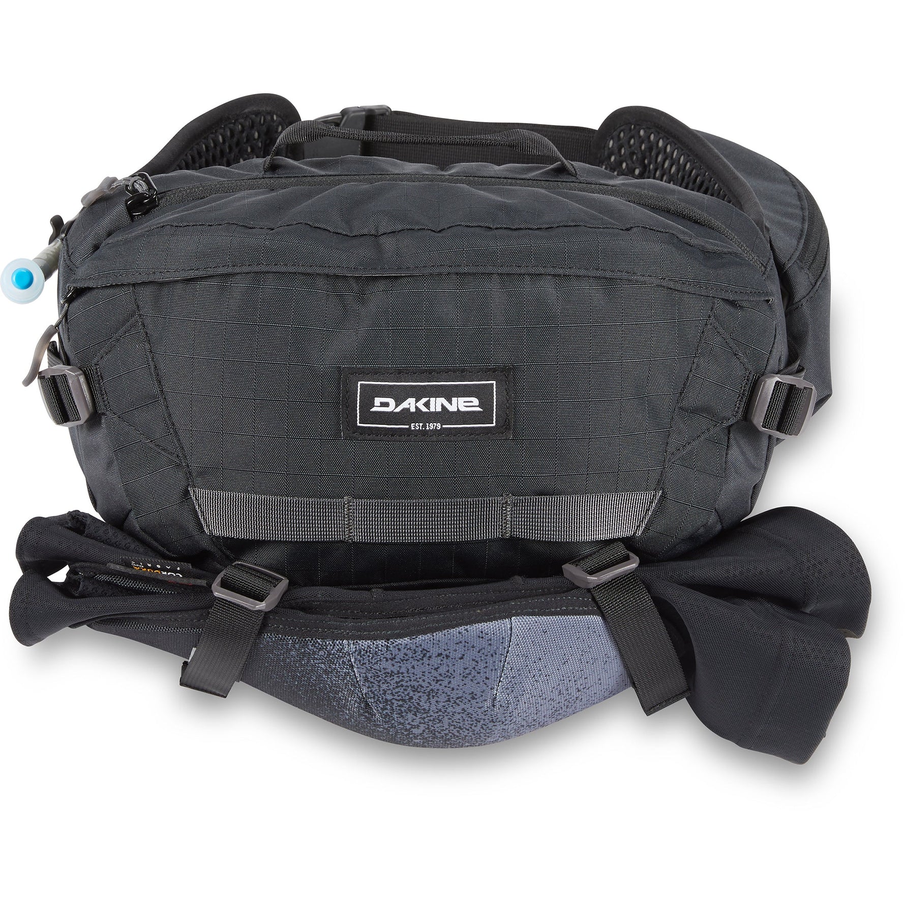 Dakine Hot Laps 5L black fanny pack with padded waist belt and hydration tube