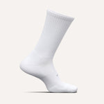 Feetures High Performance Max Cushion Crew sock in white, side profile view