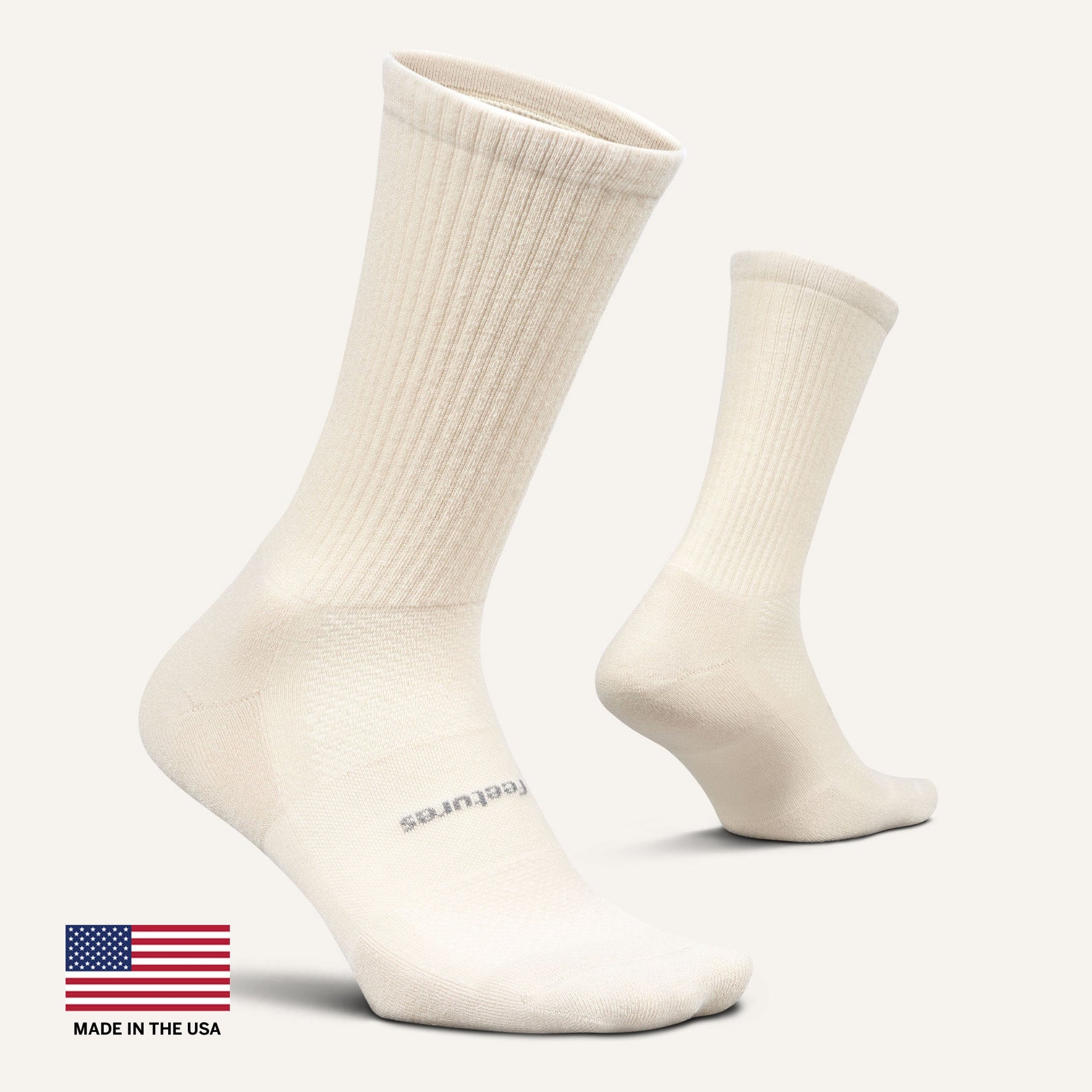 Feetures High Performance Max Cushion Crew socks in off-white, Made in USA