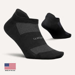 Black Feetures High Performance Max Cushion Tab athletic socks with Made in USA flag