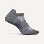 Feetures grey athletic no-show sock with white mesh ventilation panels on clean background