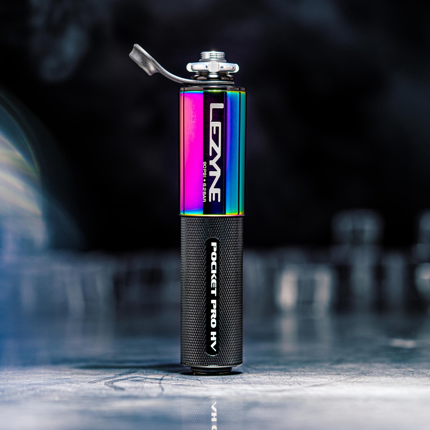 Lezyne Pocket Drive Pro HV black bike pump with rainbow iridescent finish