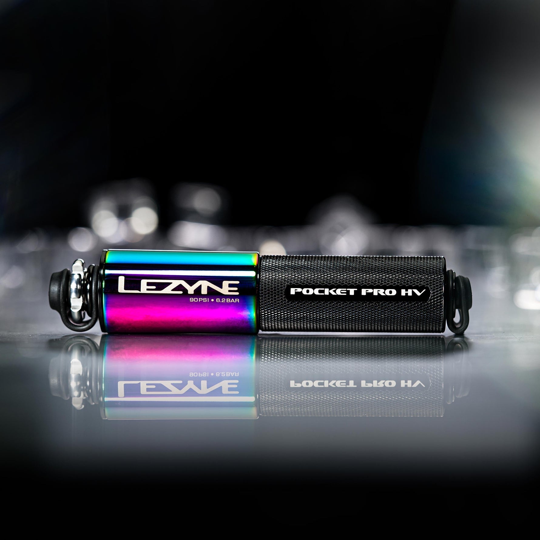 Lezyne Pocket Pro HV bike pump in black with rainbow metallic finish