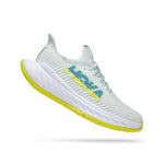 Hoka Carbon X 3 women's running shoe in light gray with blue and yellow details