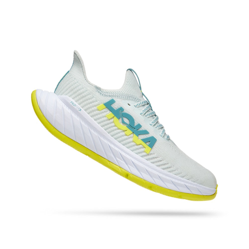 Hoka Carbon X 3 women's running shoe in light gray with blue and yellow details