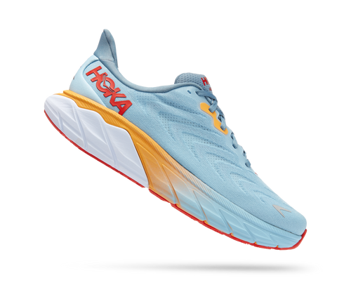 HOKA Men's Arahi 6 running shoe in Summer Song Mountain Spring colorway with light blue upper