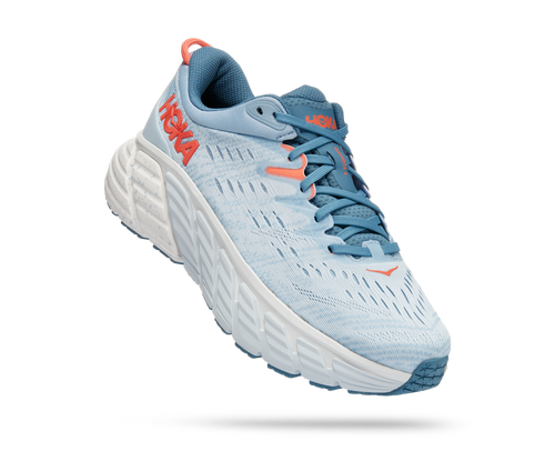 Women's Hoka Gaviota 4 running shoe in Blue Fog/Plein Air colorway with white midsole
