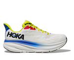 Hoka Clifton 9 men's running shoe in white with blue and yellow details